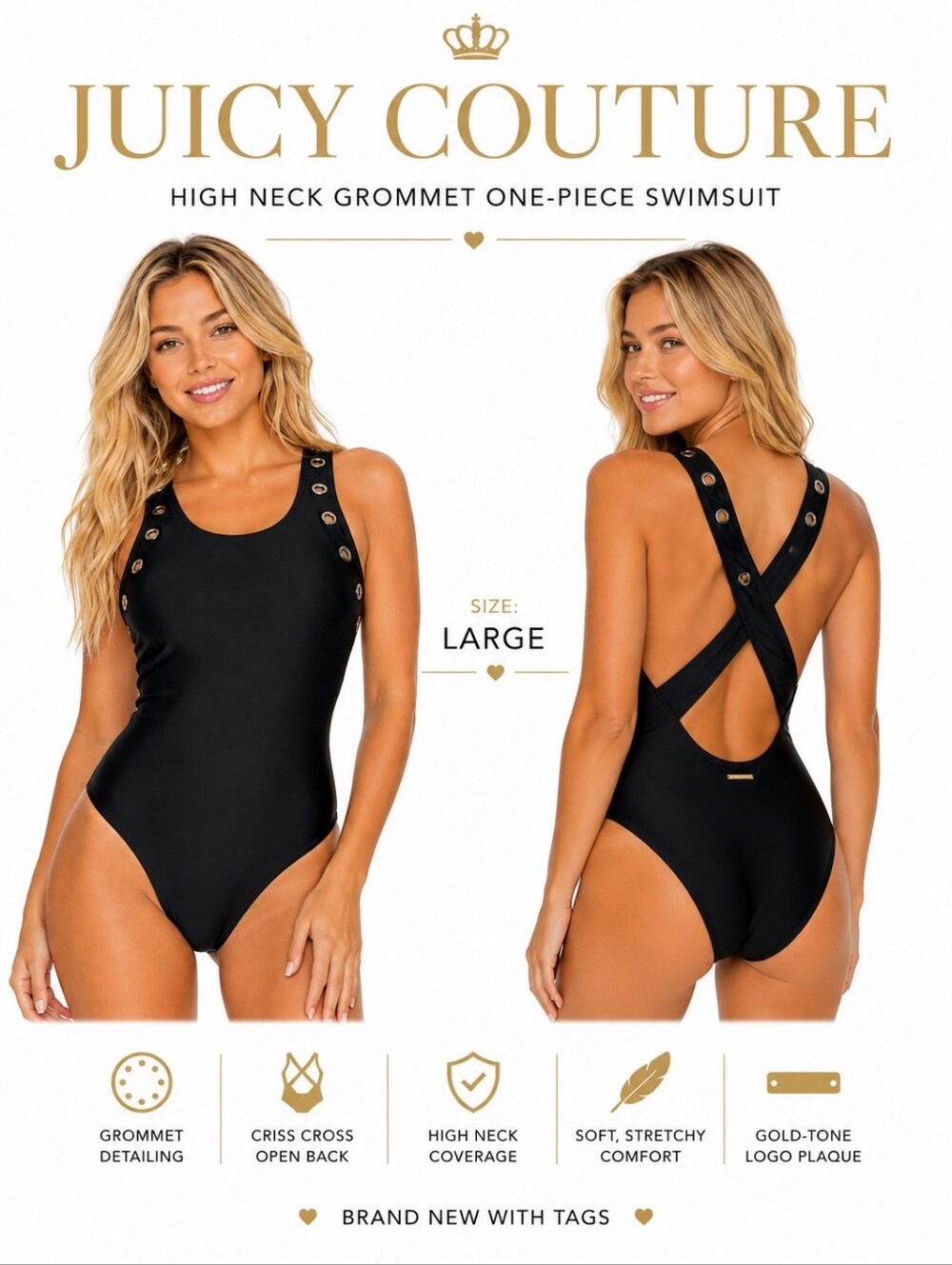 Juicy Couture Women's Black High Neck Grommet One-Piece Swimsuit Size Large